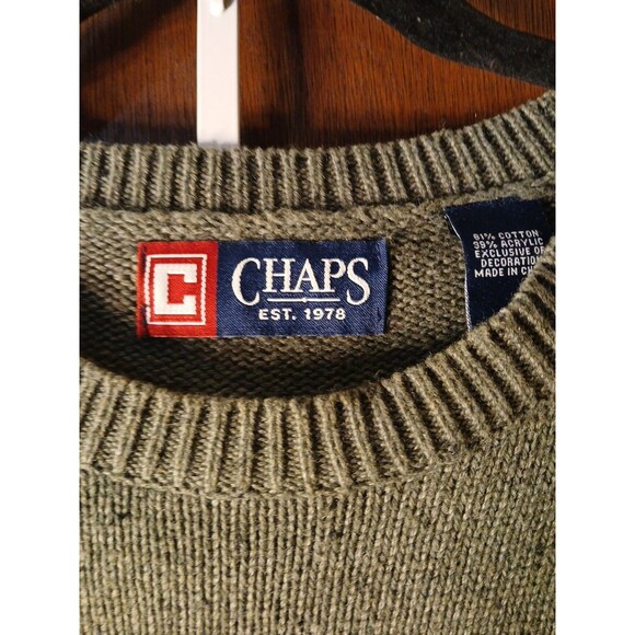 CHAPS Mens LARGE Green W/ Navy BLEND & NAVY  Logo COTTON Crewneck SWEATER - Picture 4 of 16